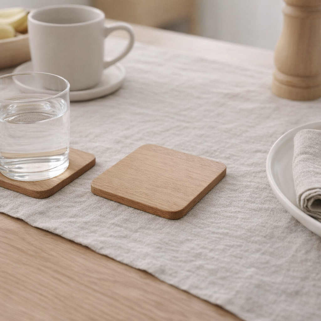 Dessous de verre lisse en bois de teck beige en situation
