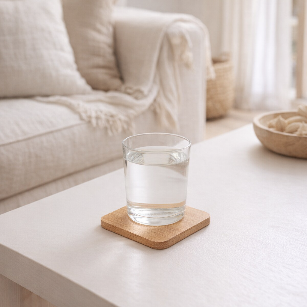Dessous de verre moyen rustique en bois de teck naturel en situation