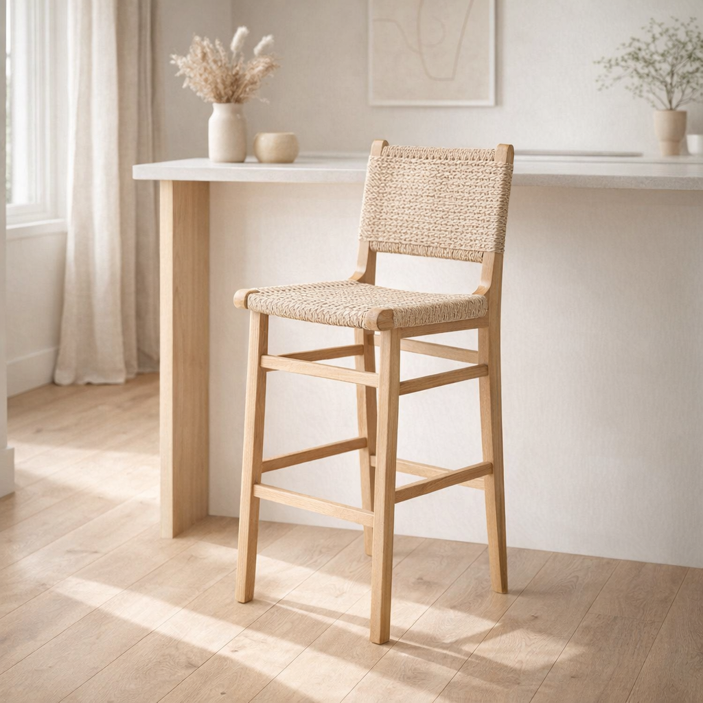 Tabouret de bar en teck et corde synthétique pour extérieur en situation