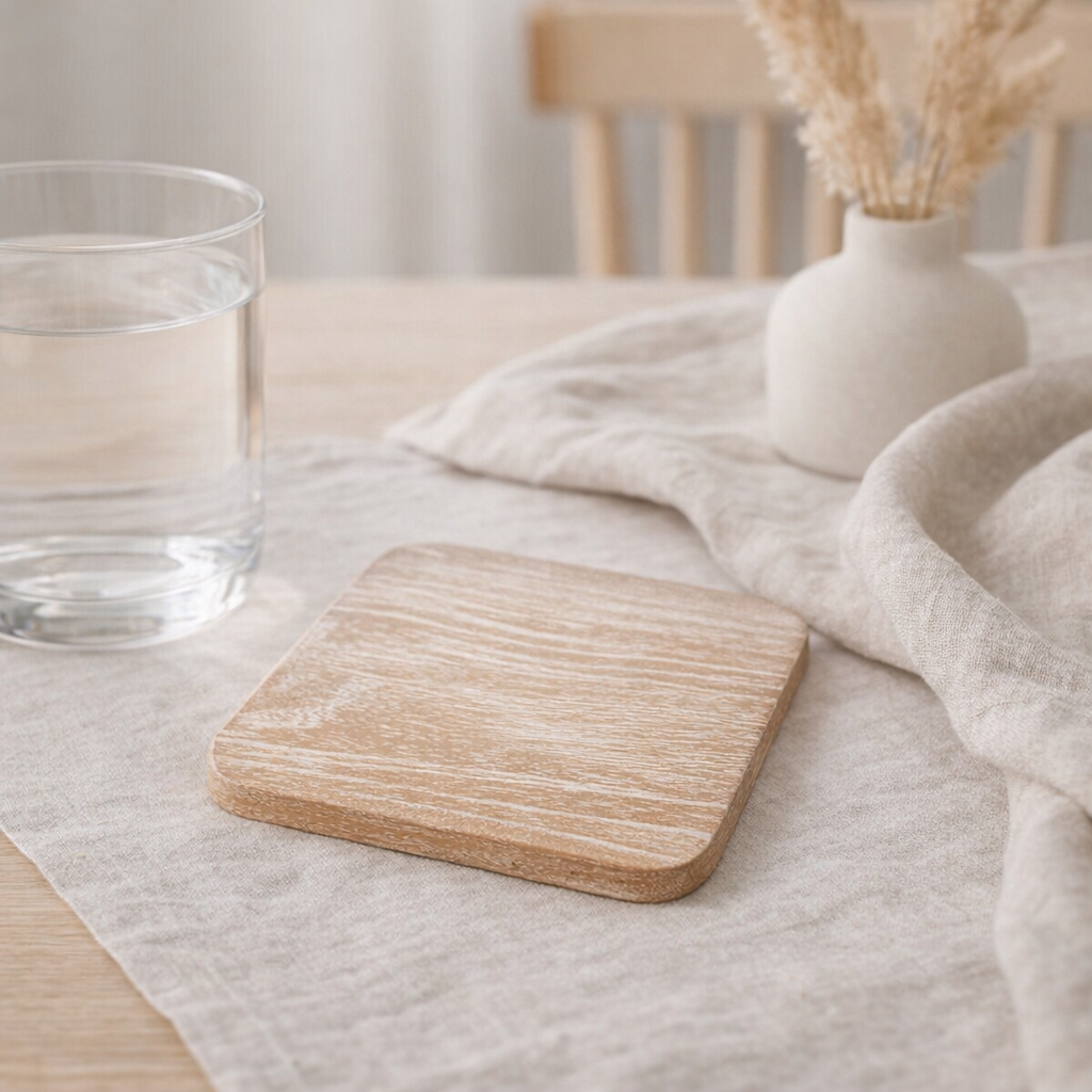 Dessous de verre rustique en bois de teck blanc délavé en situation