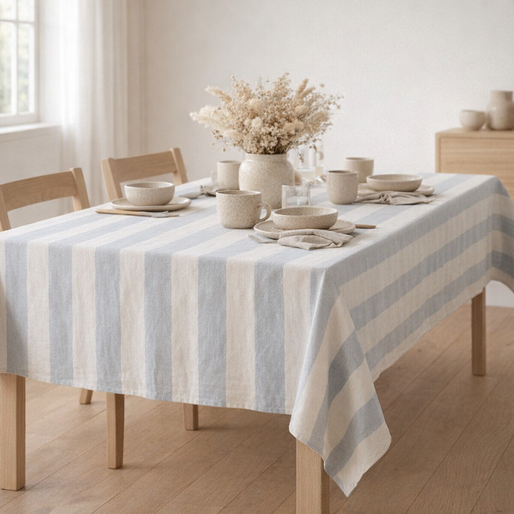 Nappe Rayée - 200X140 Cm - Ice Bleu en situation