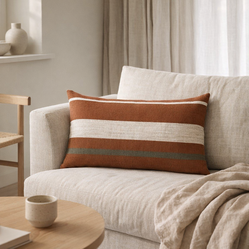 Coussin long Sofuto en coton rayé en situation