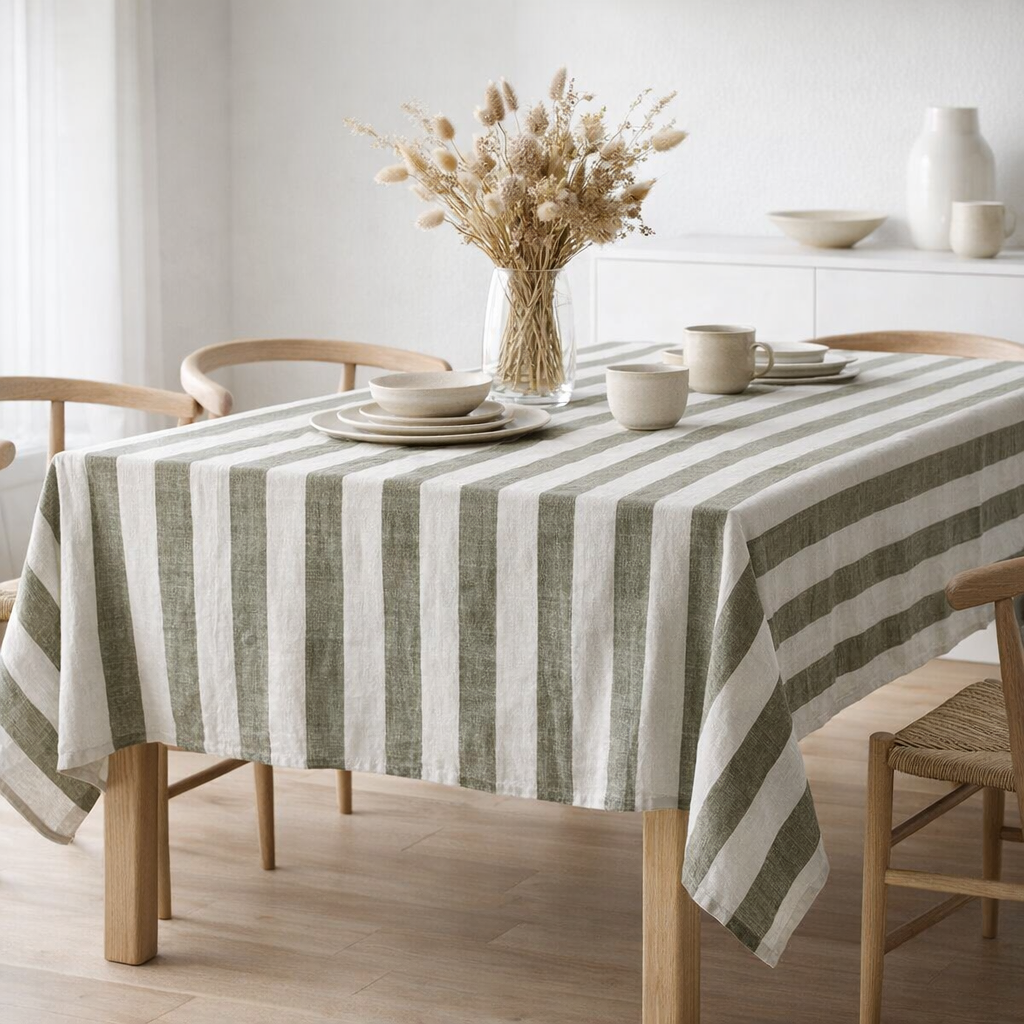 Nappe Rayée - 260X140 Cm - Vert olive en situation