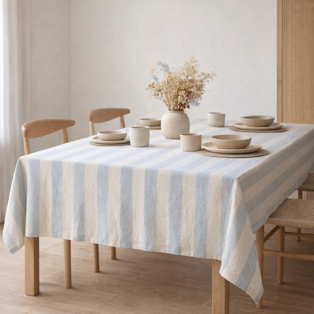Nappe rayée en coton bleu glacier 260 x 140 cm en situation