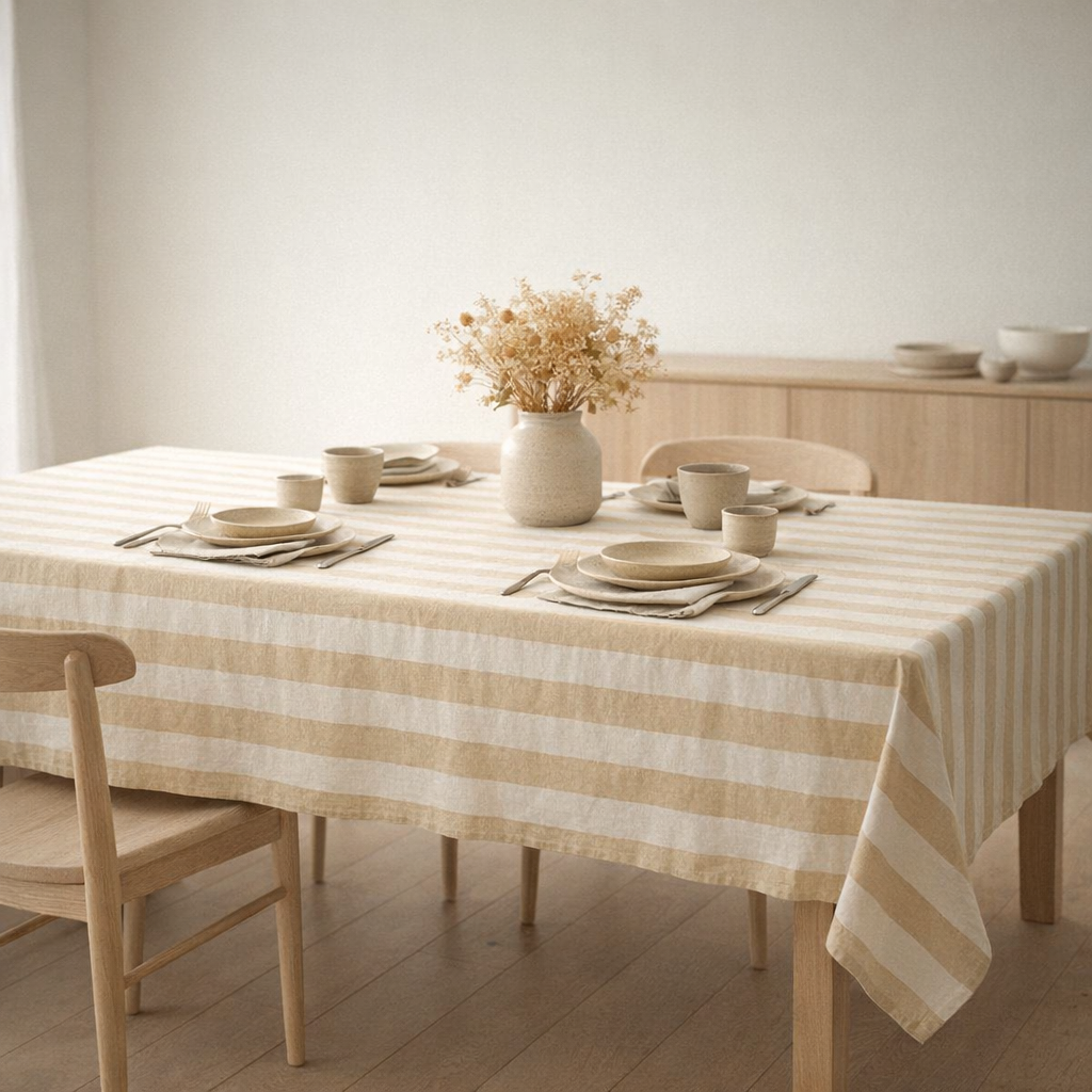 Nappe rayée en coton biologique vanille 260 x 140 cm en situation