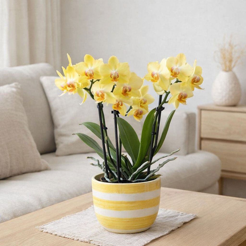 Orchidées de Colibl | Orchidée phalaenopale jaune - Albeng + Pot de bande peinte jaune - Potmate Ø9cm | -Driving Room Plant - Freshly du producteur en situation