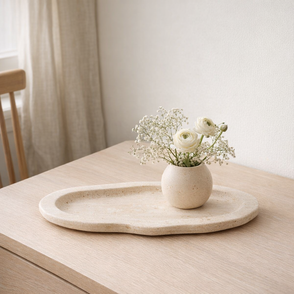 Assiette nuage ovale en travertin 30 cm en situation
