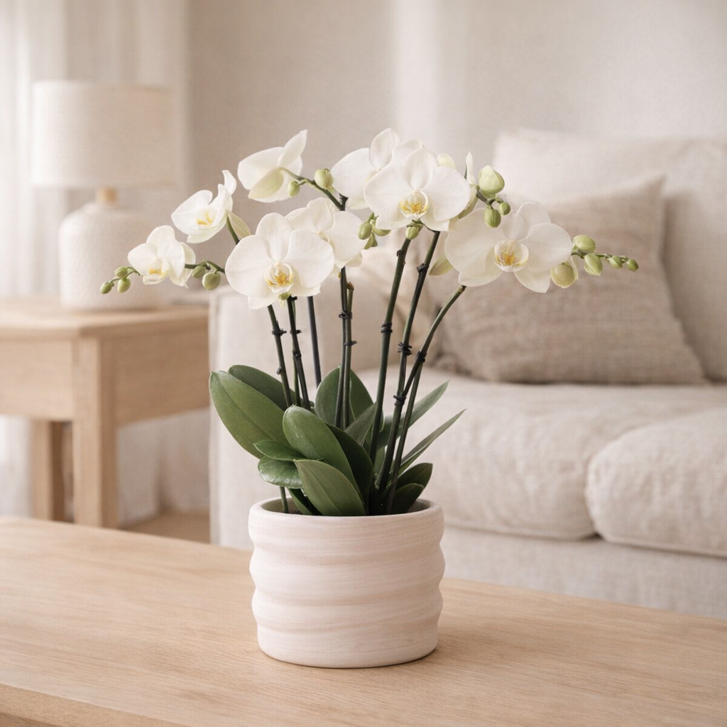 Orchidée blanche Gand 12 cm avec pot Como et réservoir d'eau en situation