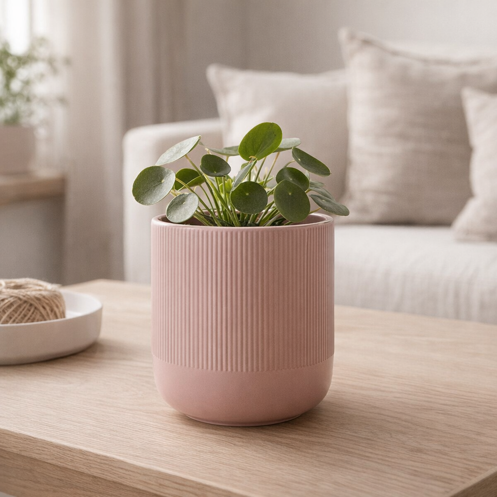 Cache-pot rond côtelé en céramique mauve 12 cm en situation