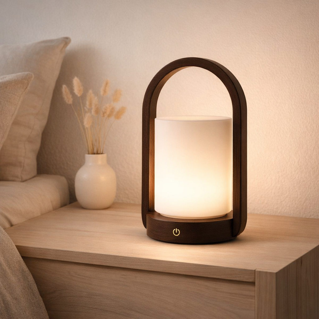 Lampe rechargeable en bois marron foncé George en situation