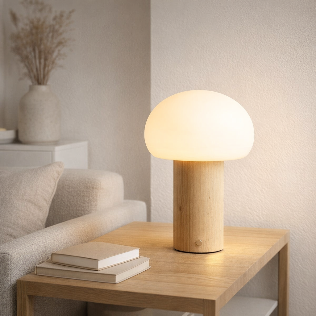 Lampe de table rechargeable en bois marron clair Sam en situation