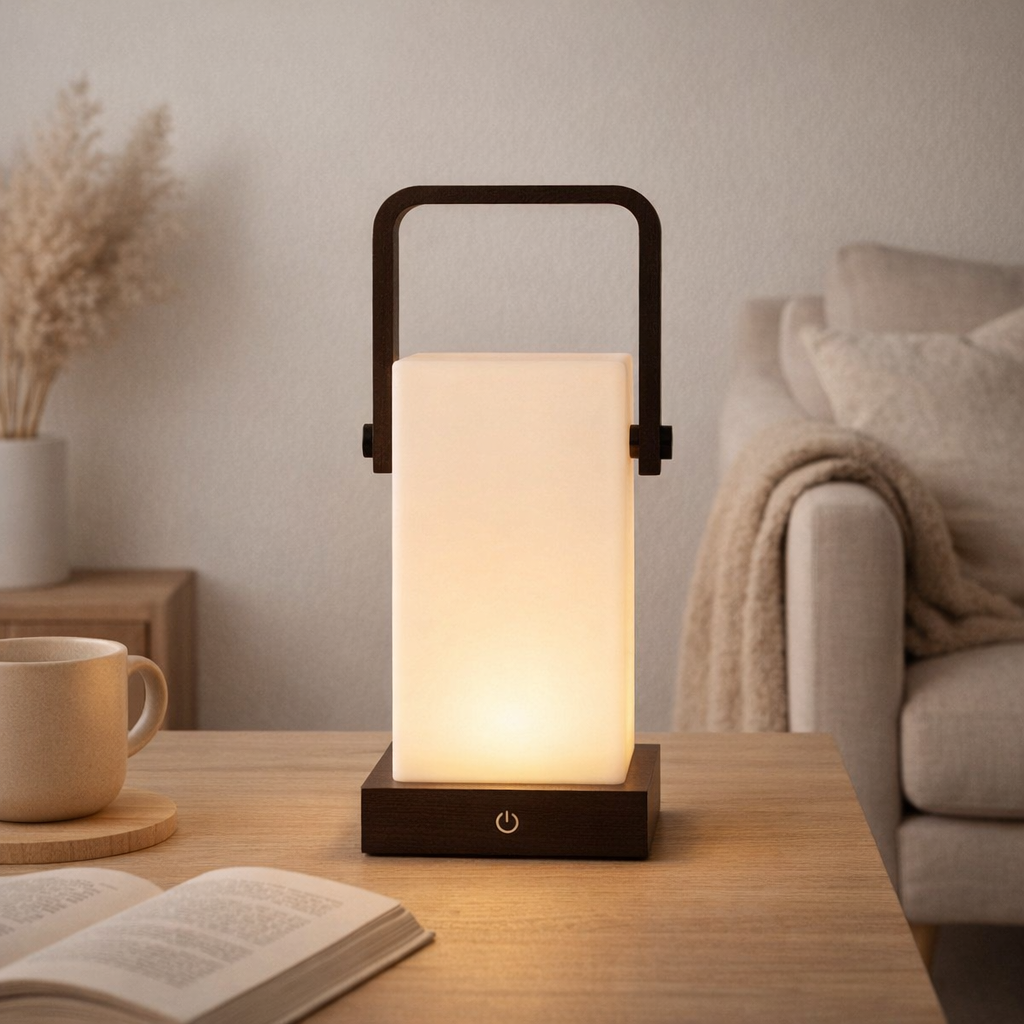 Lampe rechargeable en bois marron foncé Harper en situation