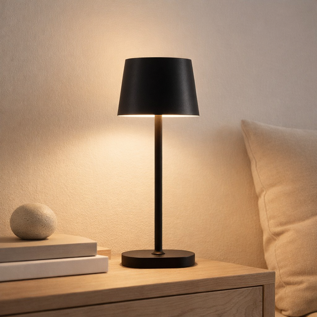 Lampe de table rechargeable noire Ava en situation