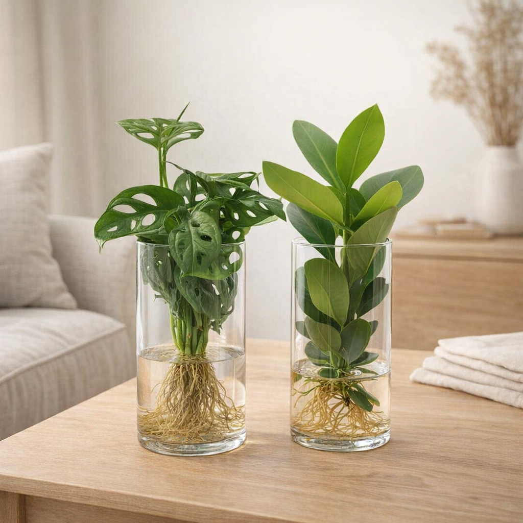 Verre cylindre Duo Monstera/Clusia - 2 pièces - Ø12cm - ↕25-40cm en situation