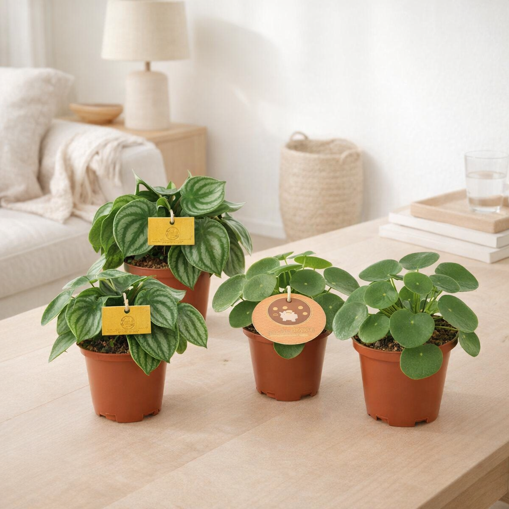 2x Peperomia Argyreia + 2x Pilea Peperomioides - 4 pièces - Ø12cm - ↕20cm en situation