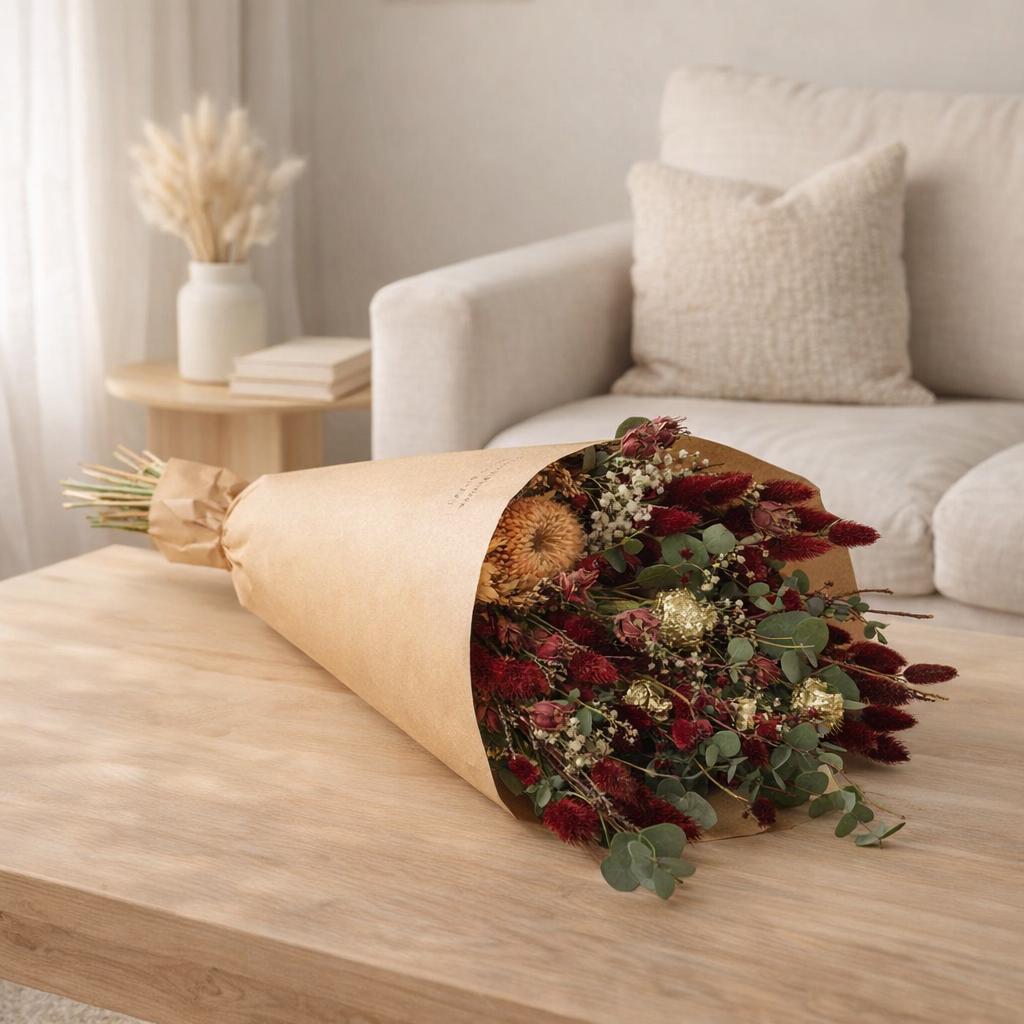 Lot de 8 bouquets de fleurs séchées rouge écarlate en situation