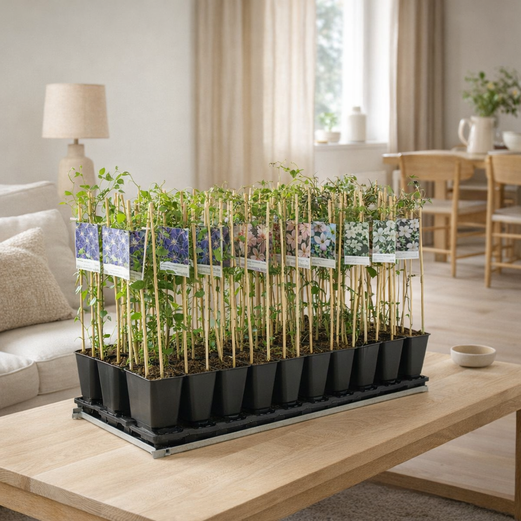 Mixshelf 50% Clematis, Climoirs à 50% + Light Label - Ø17cm - ↕75 cm en situation