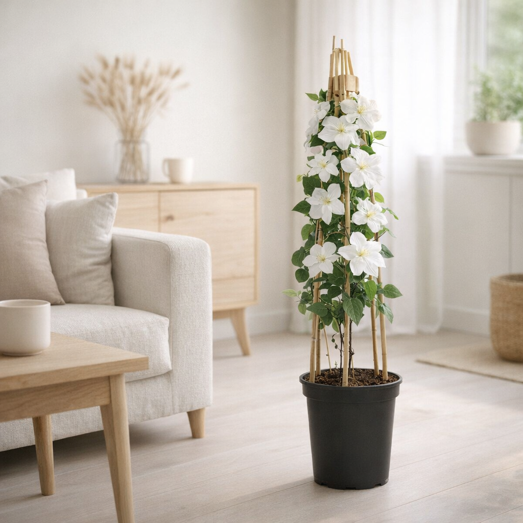 Clematis 'Madame le Coultre' +3.0 Étiquette - Ø17cm - ↕75cm en situation