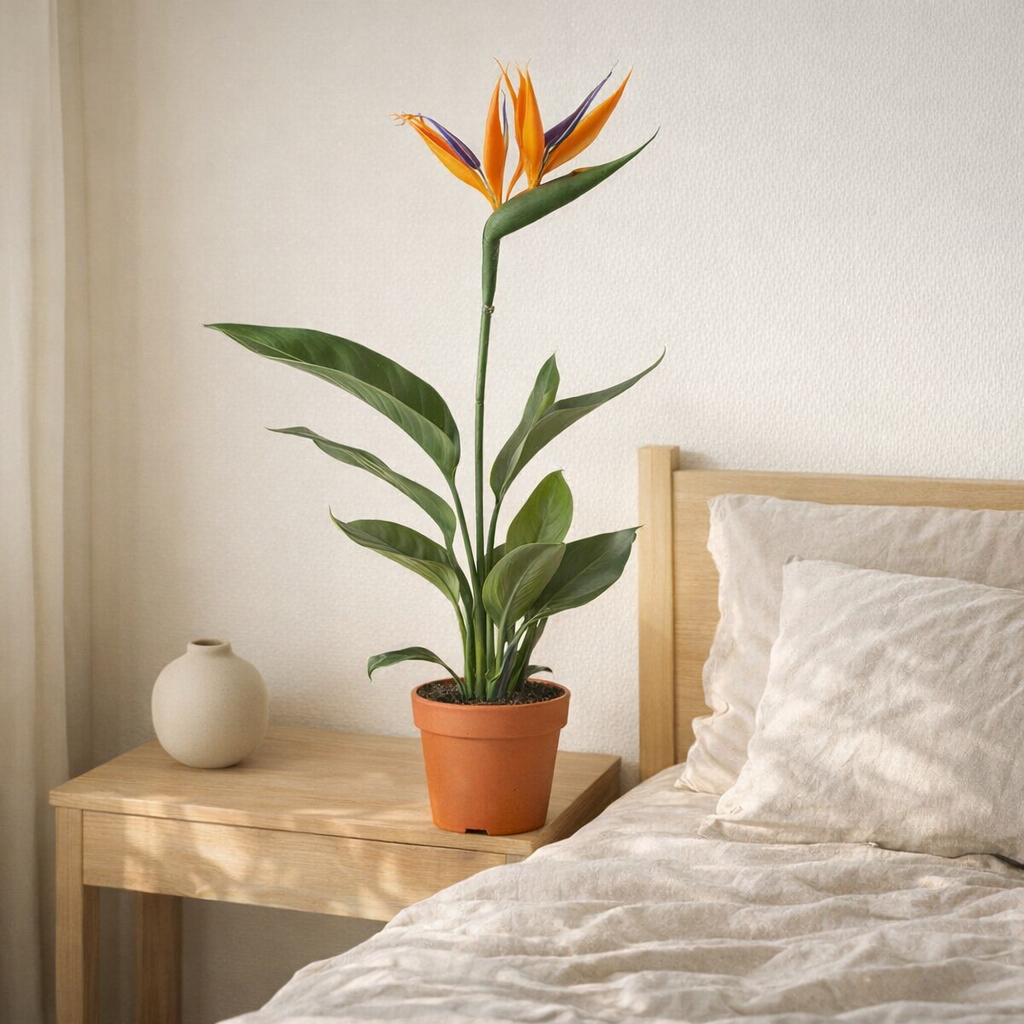 Strelitzia Queen avec fleur artificielle Ø13 cm Hauteur 35 cm en situation