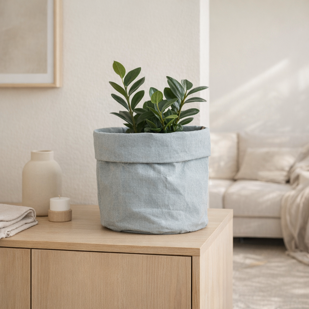 Cache-pot sac à plantes bleu ancien en situation