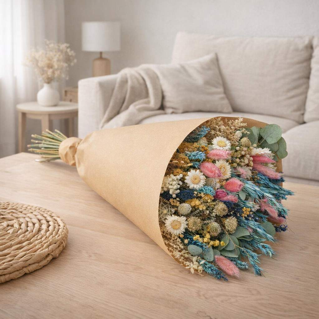 Fleurs séchées - Grand bouquet champêtre - Bleu d'été - ↕60 cm en situation