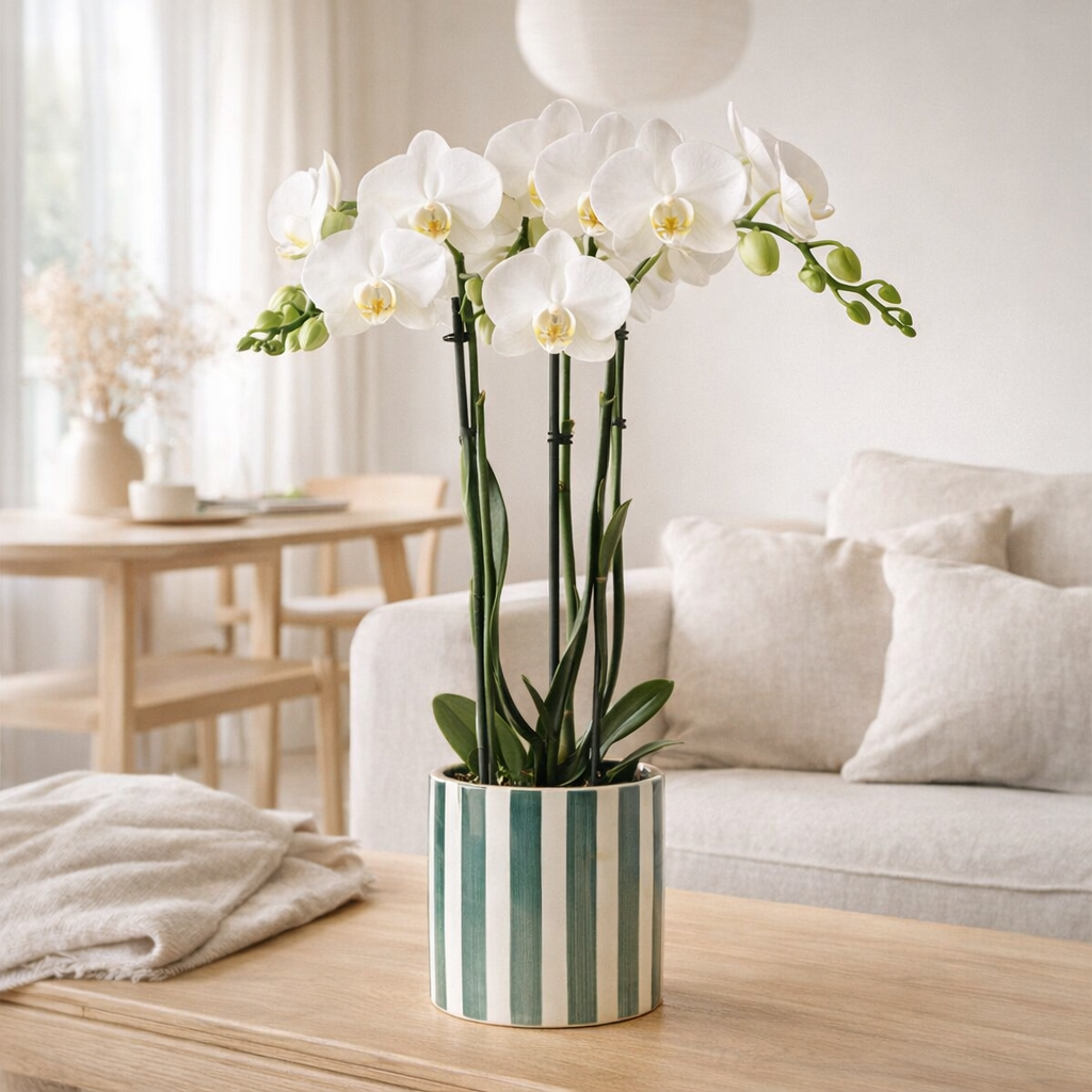 Orchidée Phalaenopsis blanche Amabilis avec pot vert rayé - Ø9 cm en situation