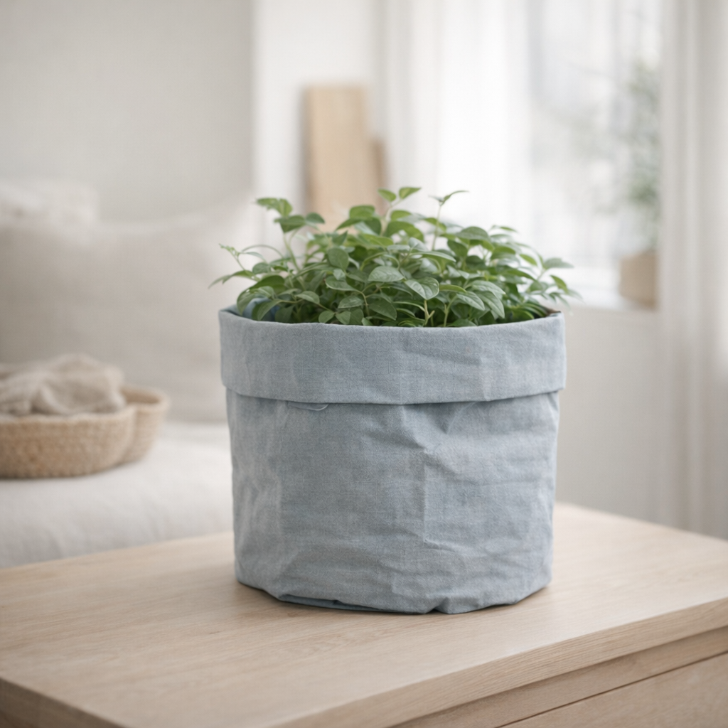 Cache-pot bleu ancien en tissu en situation