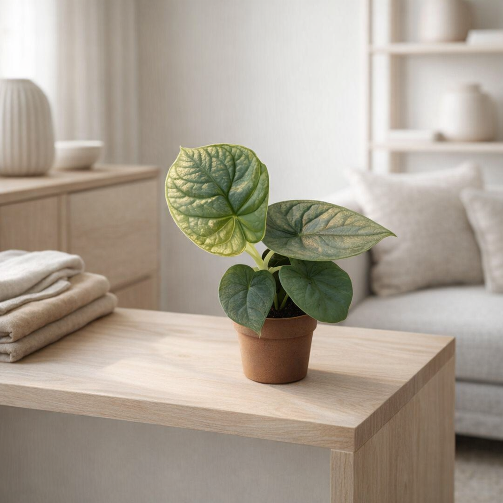 Alocasia dragon argent Ø6 cm en situation