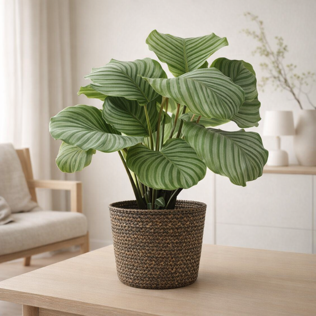 Calathea orbifolia avec pot noir en situation