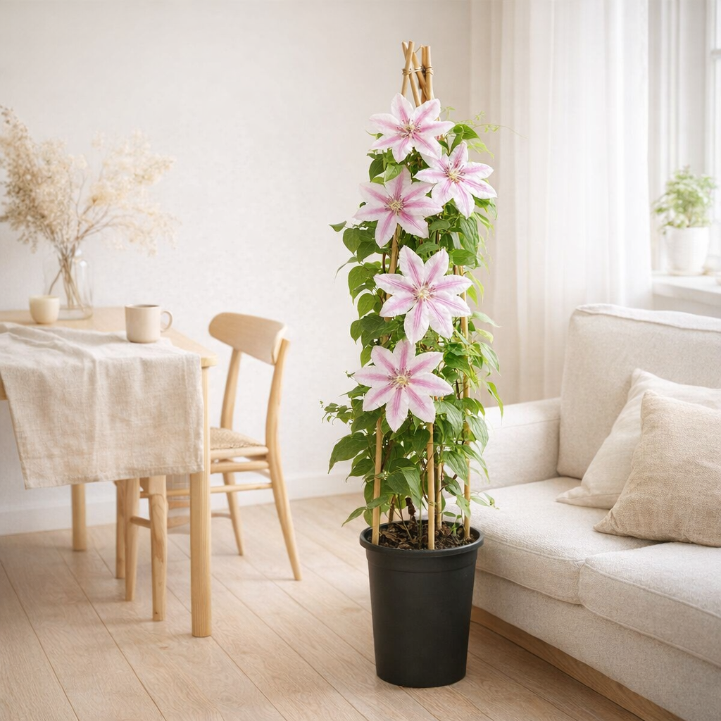Plante grimpante Clematis 'Nelly Moser' Ø17 cm H75 cm en situation