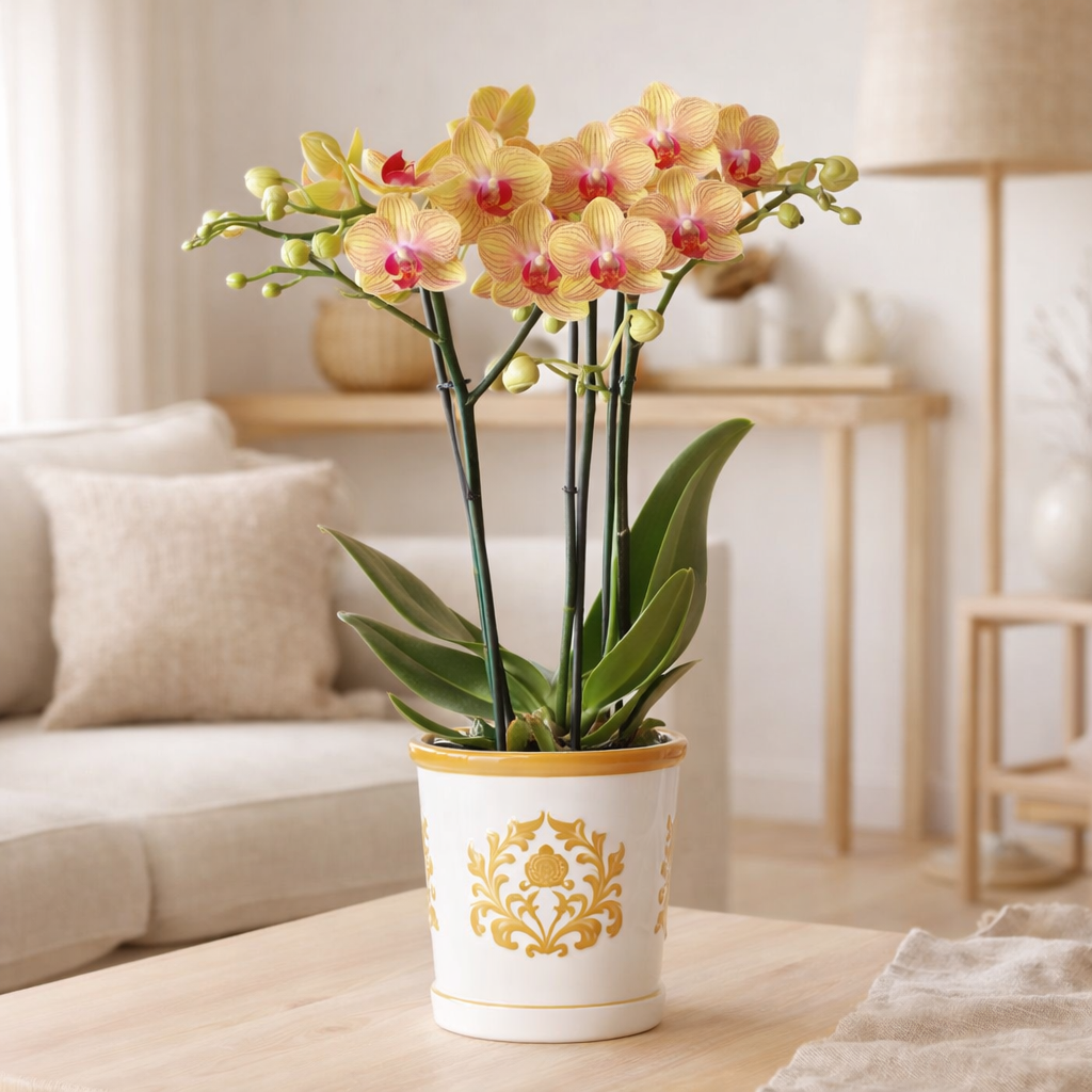 Orchidées colibris | orchidée orange Jamaïque + Malaga pot décoratif orange - taille du pot Ø9cm | plante d'intérieur à fleurs - fraîchement sortie du producteur en situation