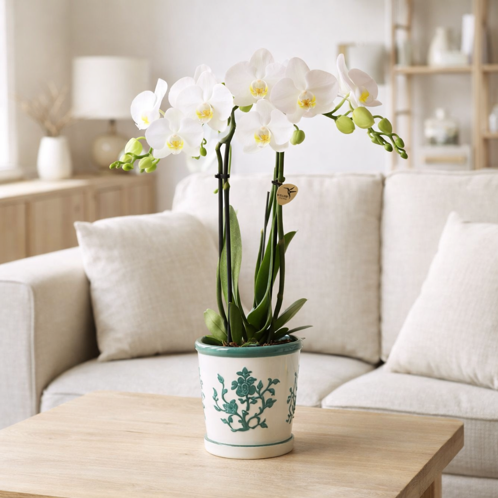 Orchidées colibris | orchidée blanche Amabilis + pot décoratif Malaga vert - taille du pot Ø9cm | plante d'intérieur à fleurs - fraîchement sortie du producteur en situation
