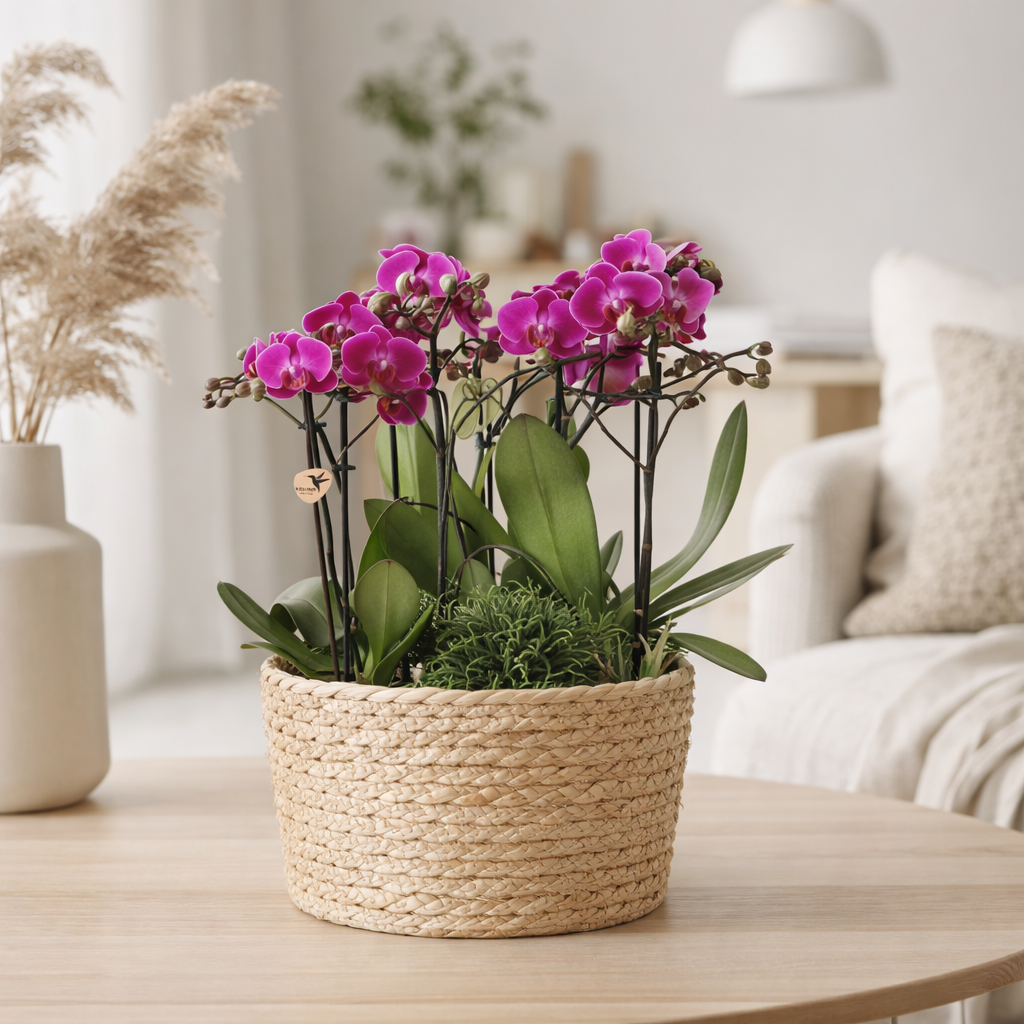 Orchidées Kolibri | Plante violette ensemble dans le panier de roseau incl. Trois orchidées violettes Morelia 9cm et trois plantes vertes Rhipsalis | Bouquet de jungle violet avec réservoir d'eau époustouflante en situation