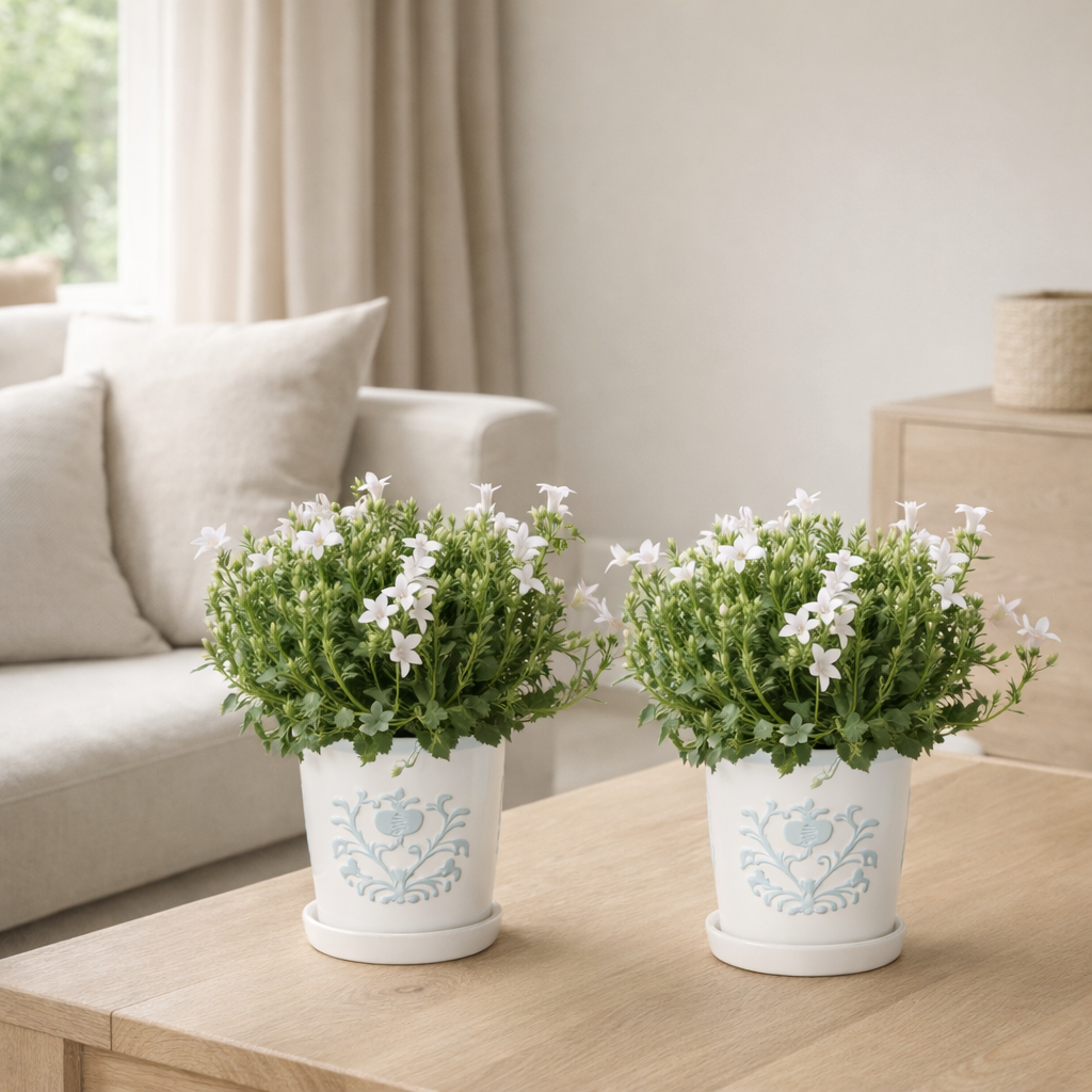 2x Campanula Addenda Ambella White à Malaga Pots décoratifs - Pot Taille 12cm - Vers tension - Hardy en situation