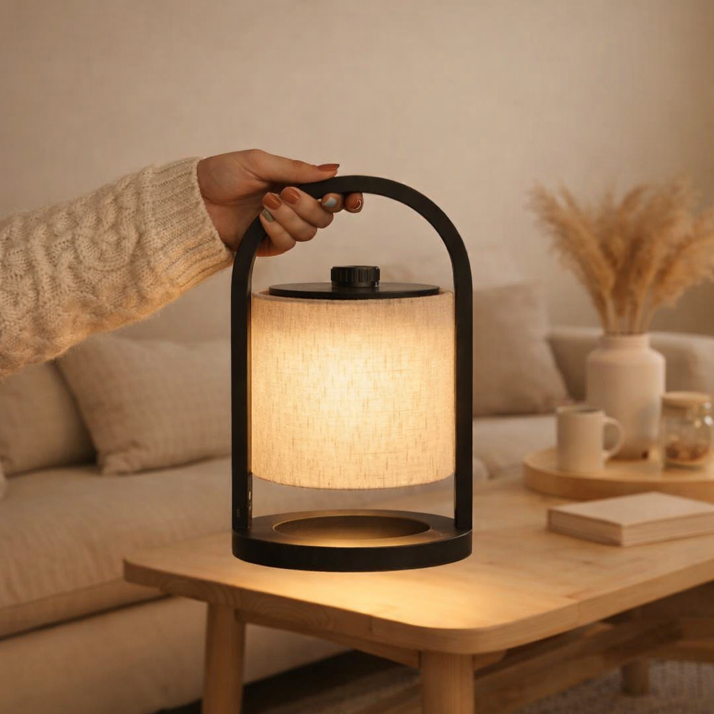 Lampe rechargeable en bois noir et gris River en situation