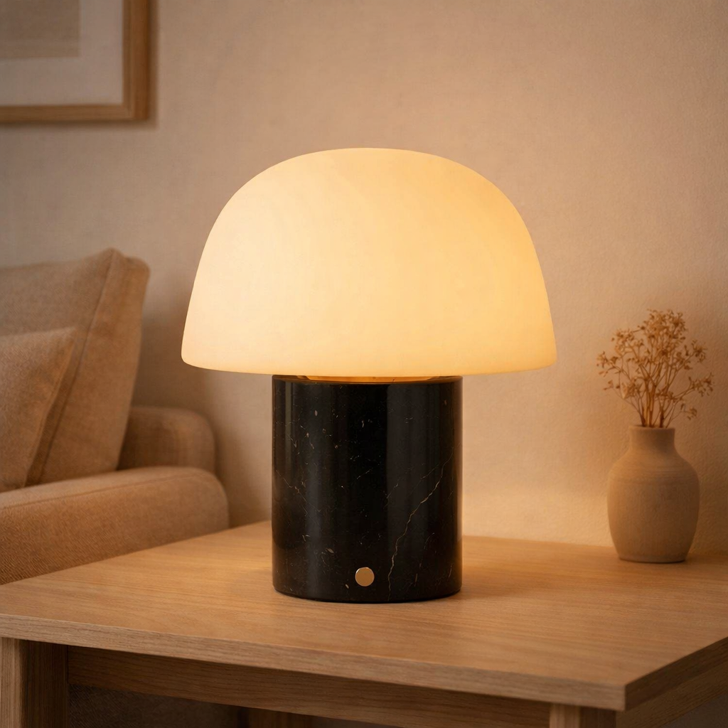 Maes Noir – Lampe de table rechargeable en marbre Nero Marquina en situation