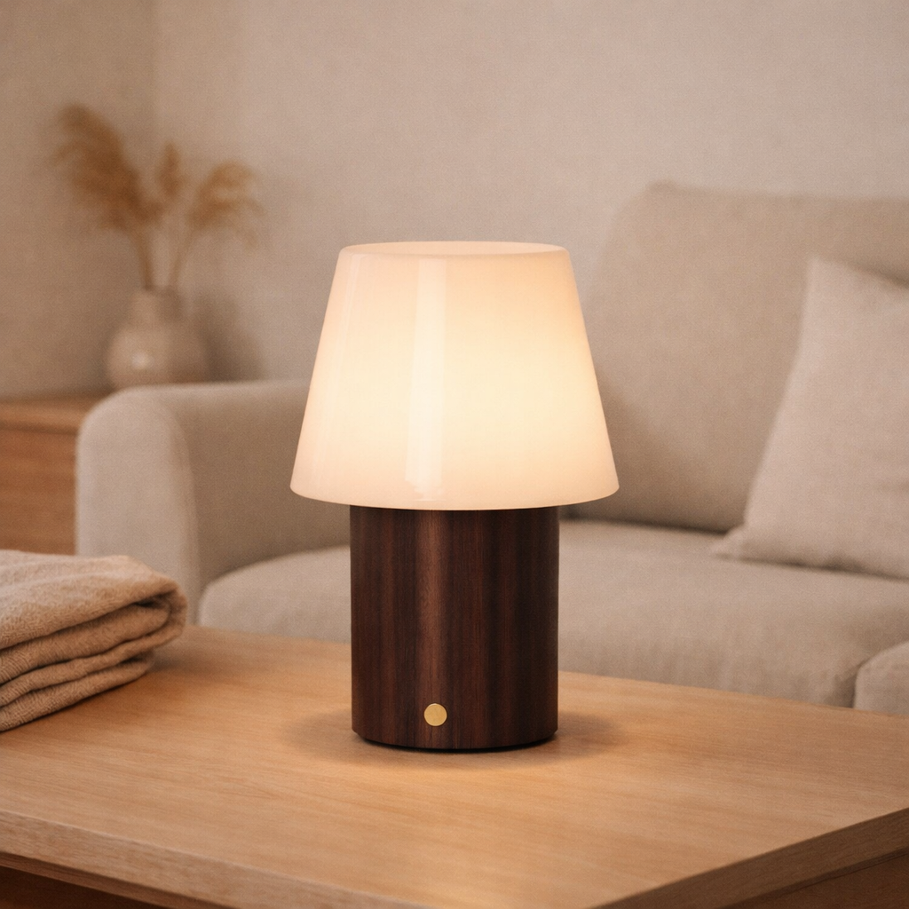 Lampe de table rechargeable marron foncé Javi en situation
