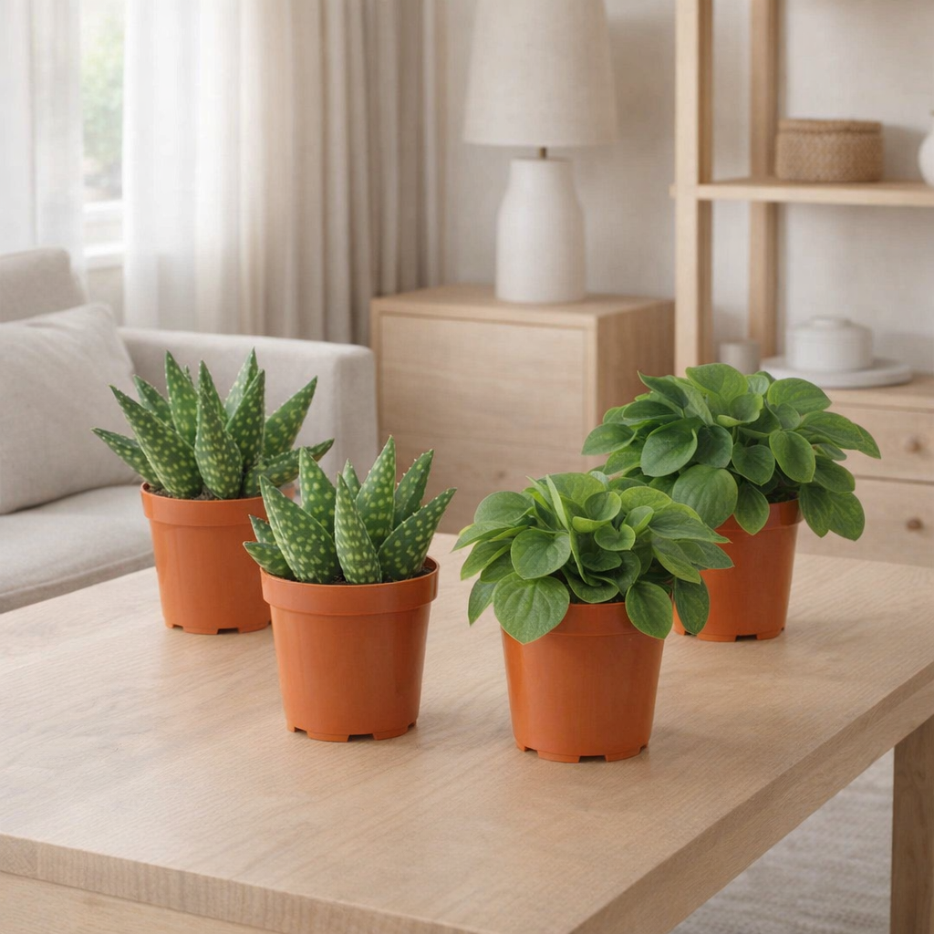 Lot de 4 plantes Aloe Paradisicum et Peperomia vertes en situation