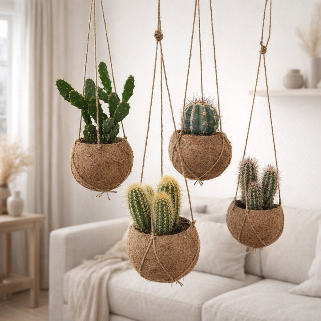 Mélange de cactus Kokodama - 4 pièces - Ø12cm - ↕20cm en situation