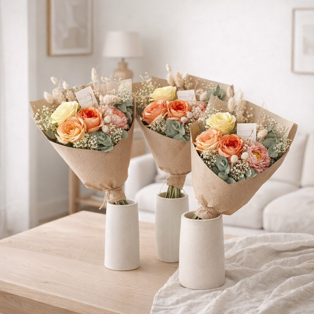 Fleurs séchées & Soie - Séchées & Soie - Pastel Dream - 4 bouquets - ↕55cm en situation