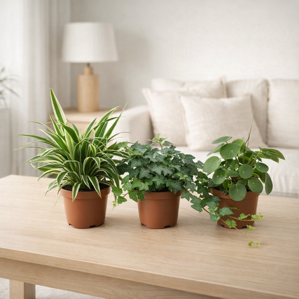 Mélange vert Chlorophytum, Hedera, Pilea - 3 pièces - Ø13cm - ↕35cm en situation