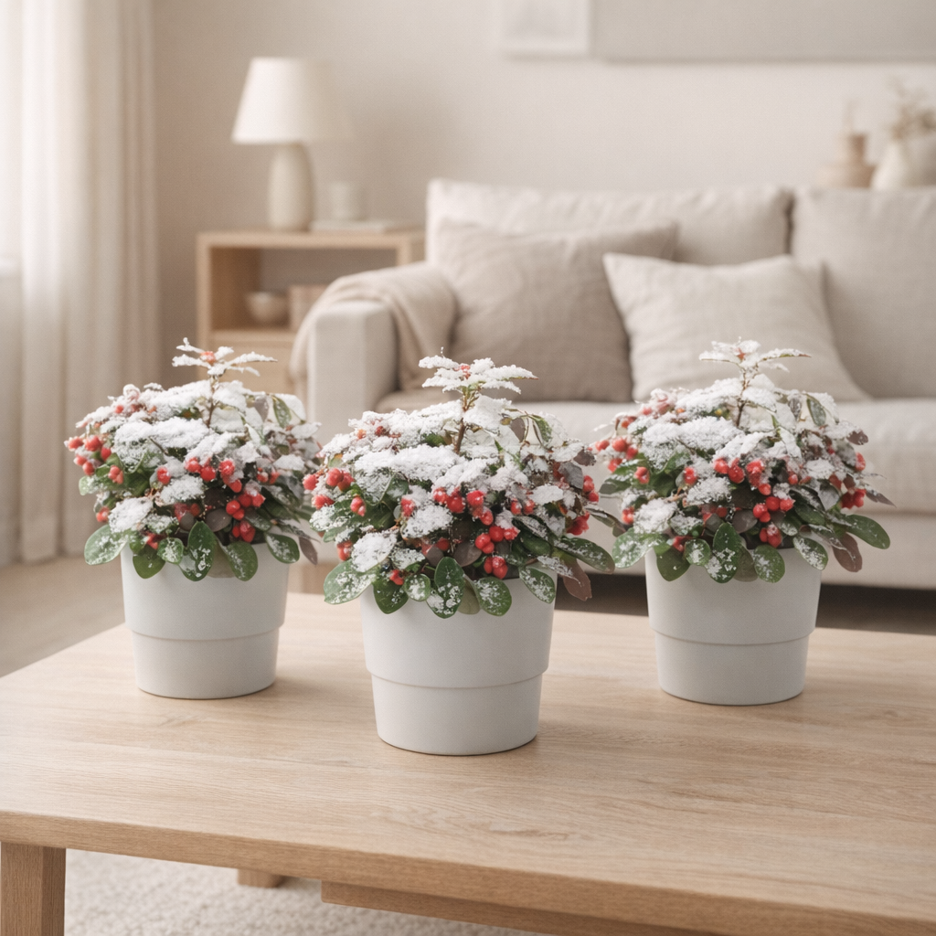 Lot de 3 plantes Gaultheria Big Berry en pot blanc Ø10 cm en situation