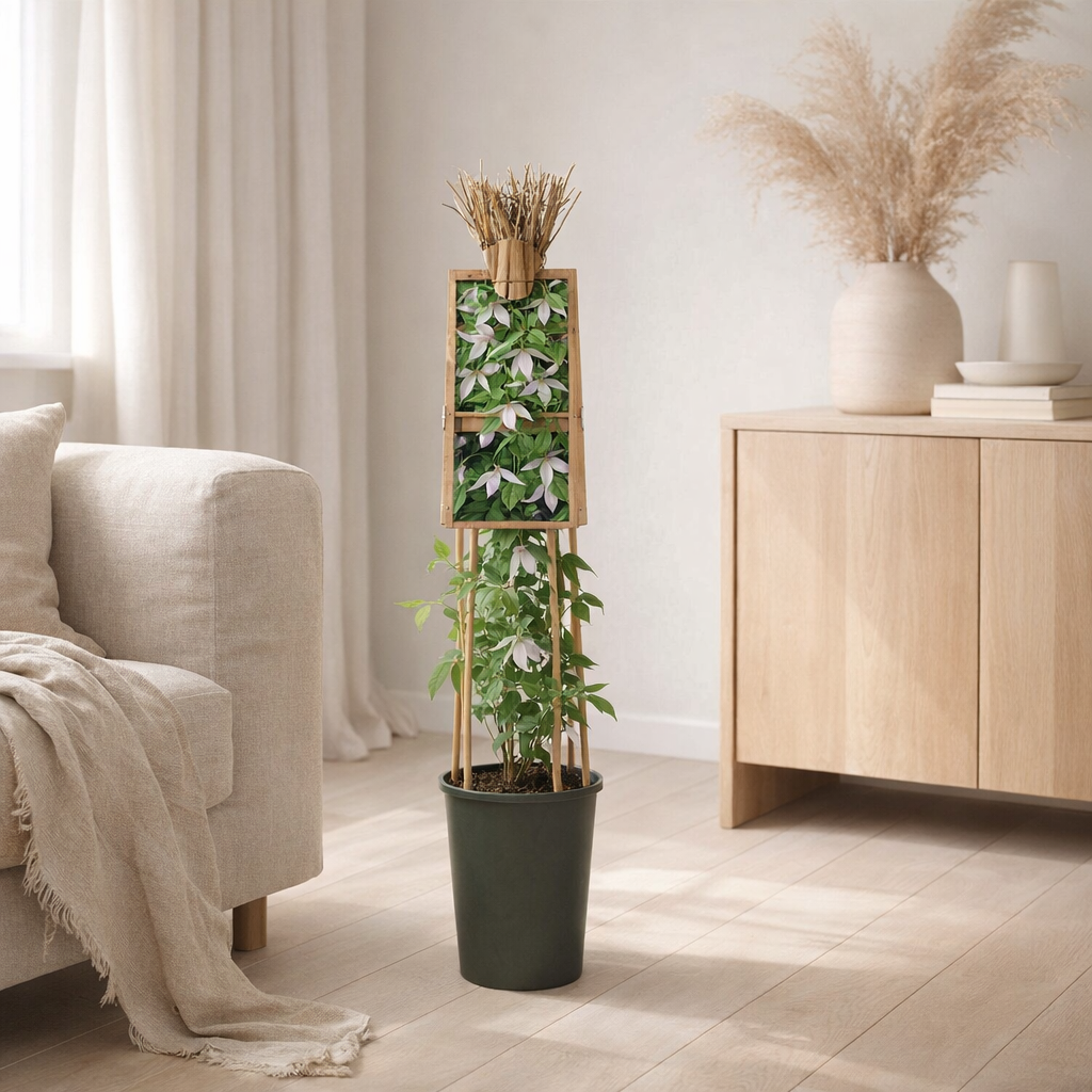 Clematis alp. «Willy '+3.0 Label - Ø17cm - ↕75cm en situation