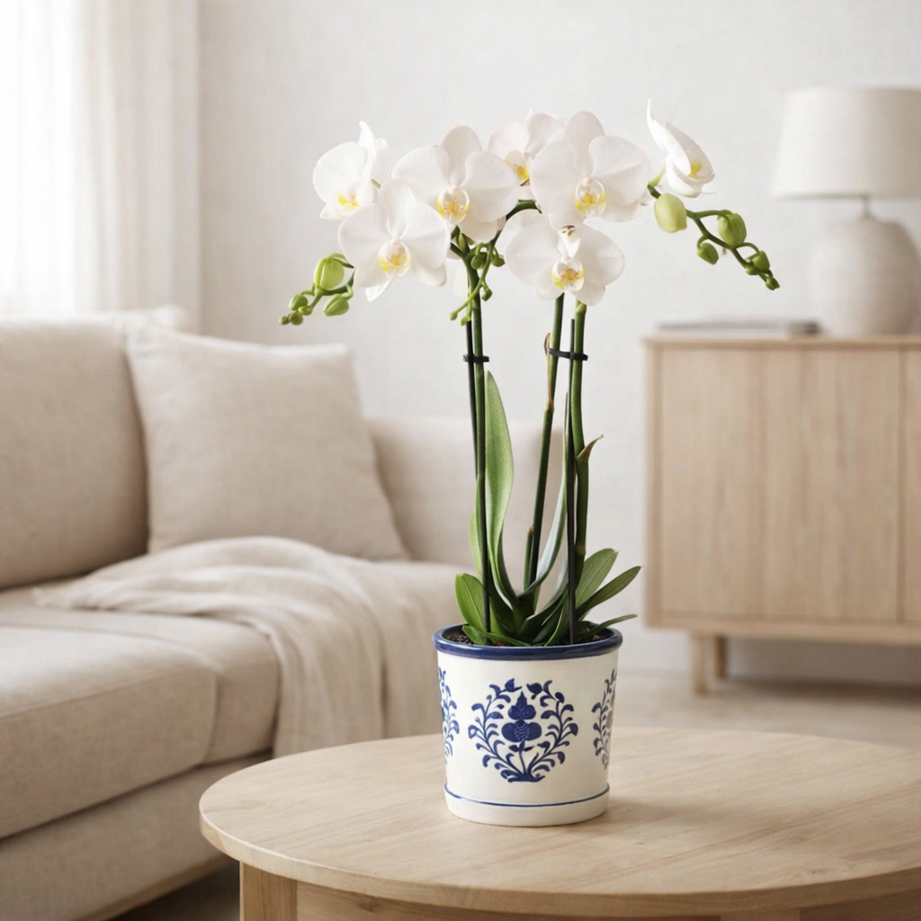 Orchidées colibris | orchidée blanche Amabilis + pot décoratif Malaga bleu - taille du pot Ø9cm | plante d'intérieur à fleurs - fraîchement sortie du producteur en situation