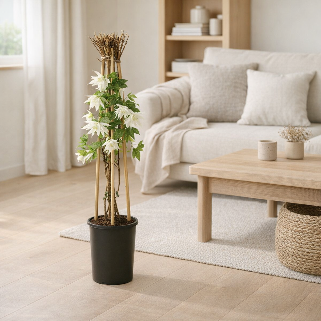 Clematis alp. 'Albina Plena' + Light Label - Ø17cm - ↕75cm en situation