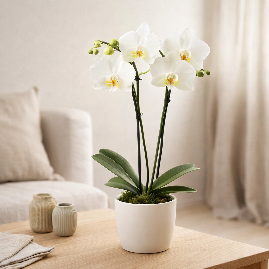 Kolibri Company | Set Plant White Phalaenopsis Orchid Amabilis et succulentes incl. Céramique Malaga Sierpots en situation