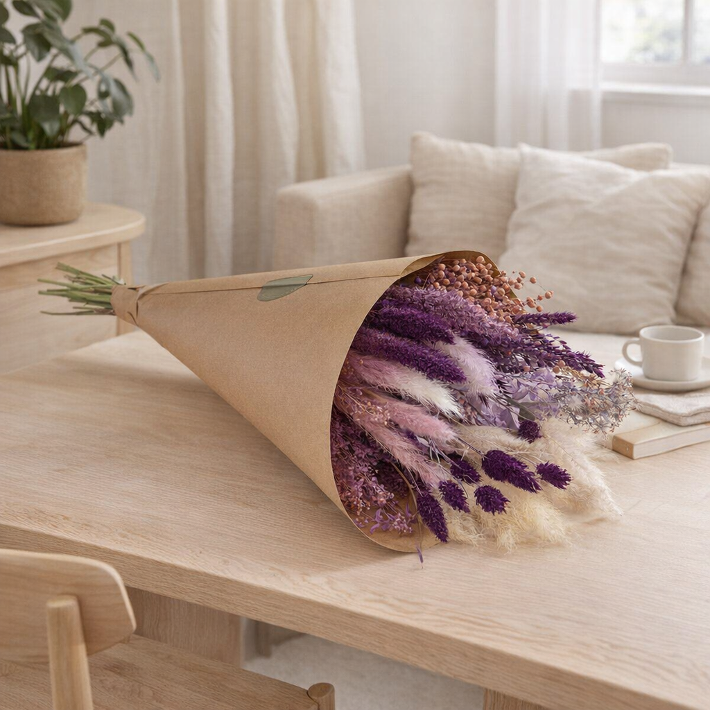 Fleurs séchées - Grand bouquet champêtre exclusif - Violet - ↕60 cm en situation
