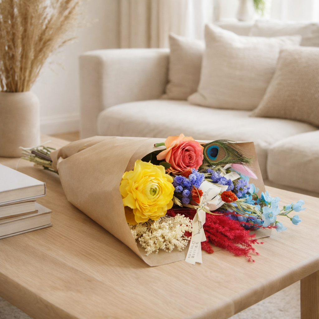 Fleurs sèches et soie - fête d'été séchée et soie - ↕55cm en situation