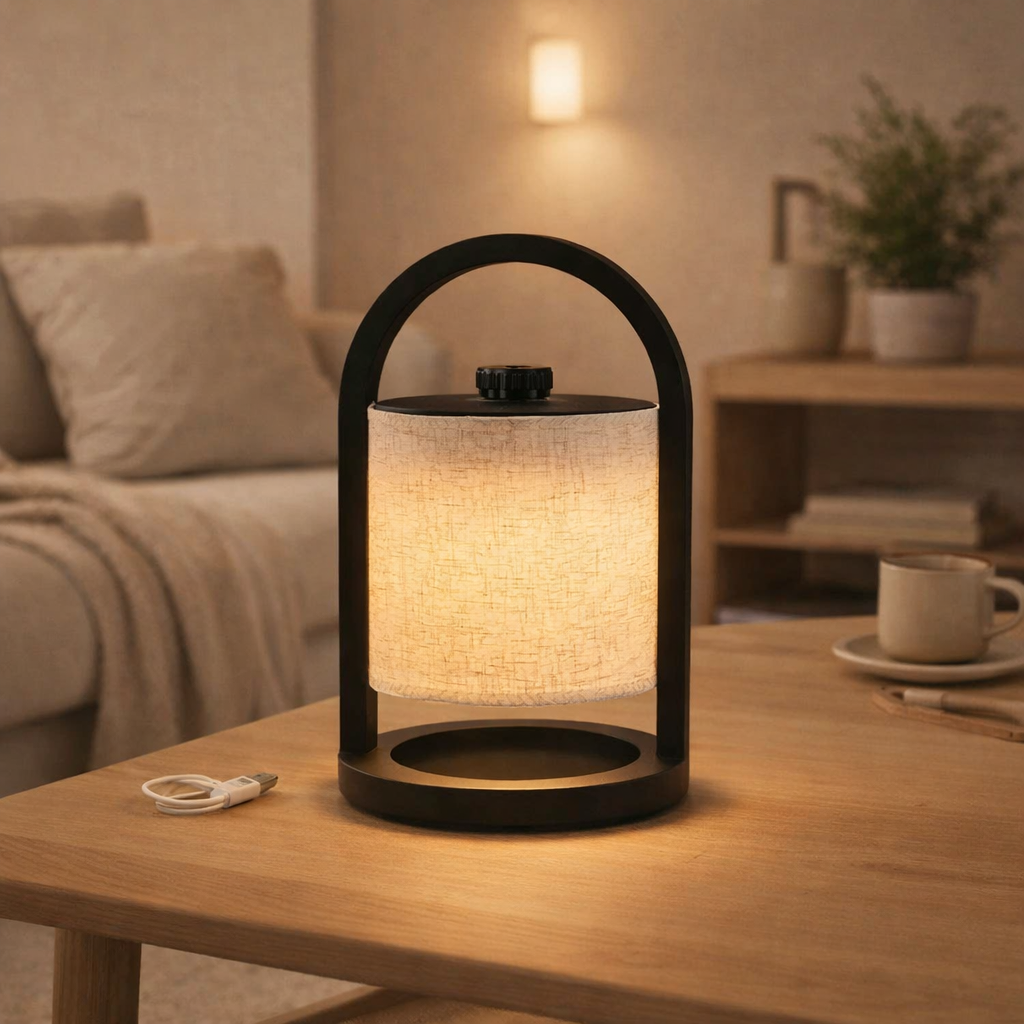 Lampe rechargeable en bois noir River en situation