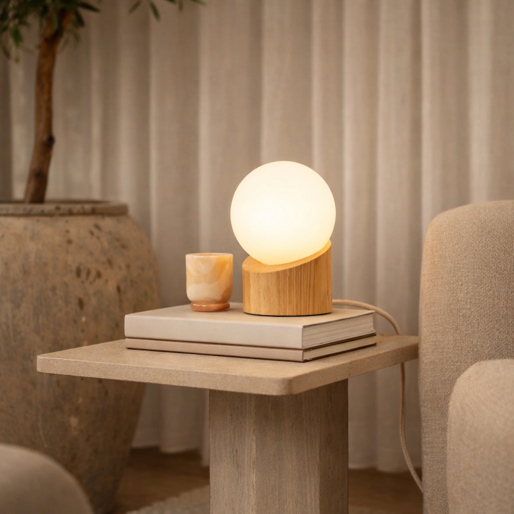 Lampe en bois marron clair Quin en situation